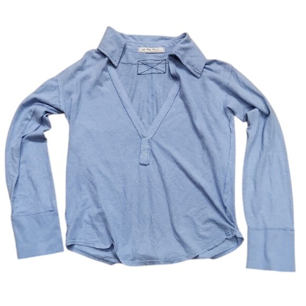 We The Free Raina Split Collar Polo Top Hemp Blend Sky Blue Relaxed Boho Size XS
